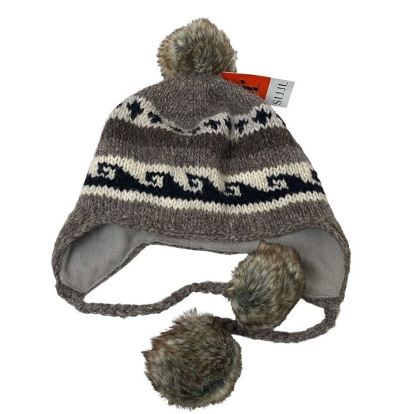 Nepal Wool Hat Brown Knit Ear Flaps with Pompoms Fleece Lined by Sijjl NWT - Picture 1 of 10